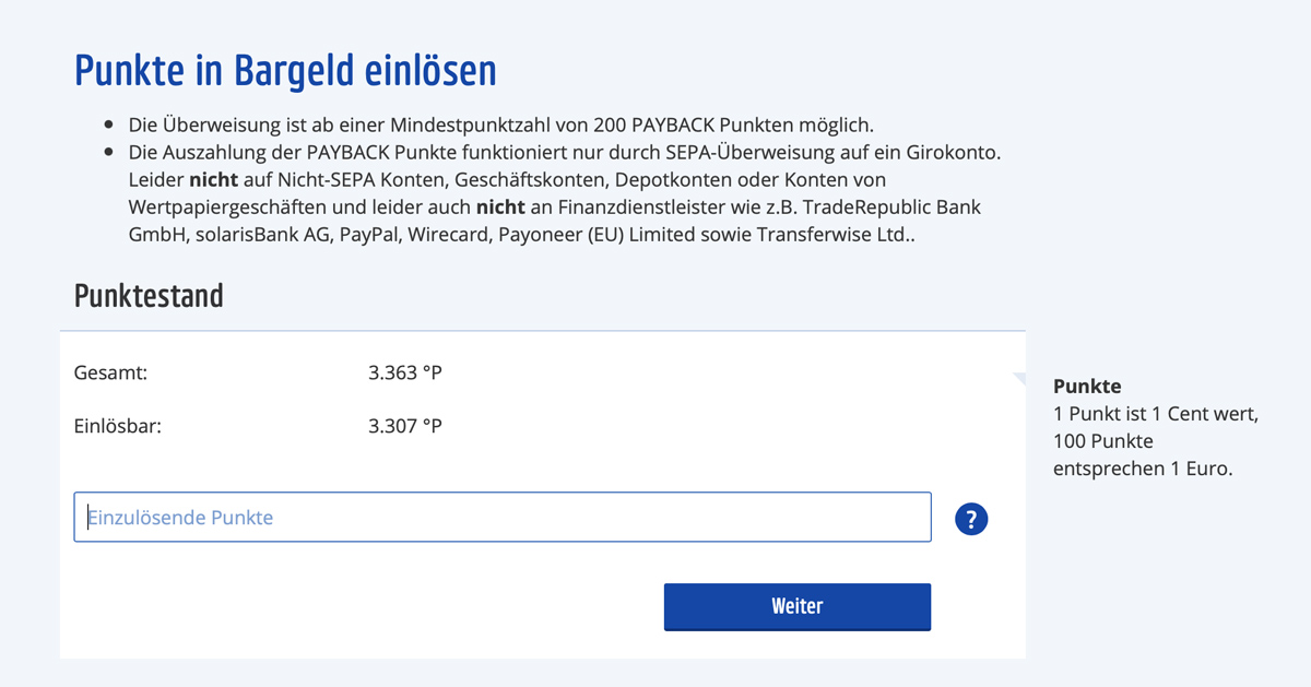 Payback Punkte auszahlen Cashbackster